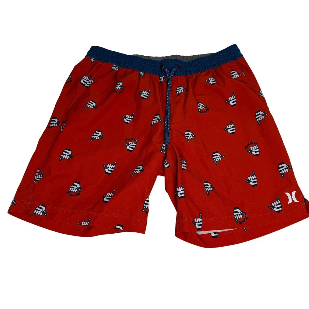 Hurley Mens‎ Red Shaka Hand Print Swim Trunks Board Shorts Size Large 1416-1022
